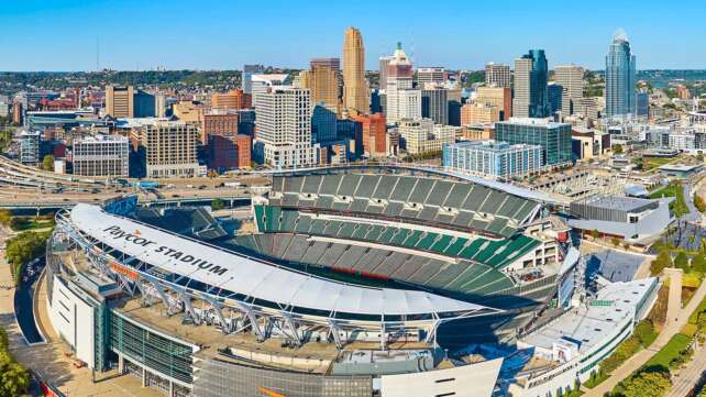 Trey Hendrickson and Shemar Stewart and Aerial view of Paycor Stadium and downtown Cincinnati, home of the Bengals defense in 2025