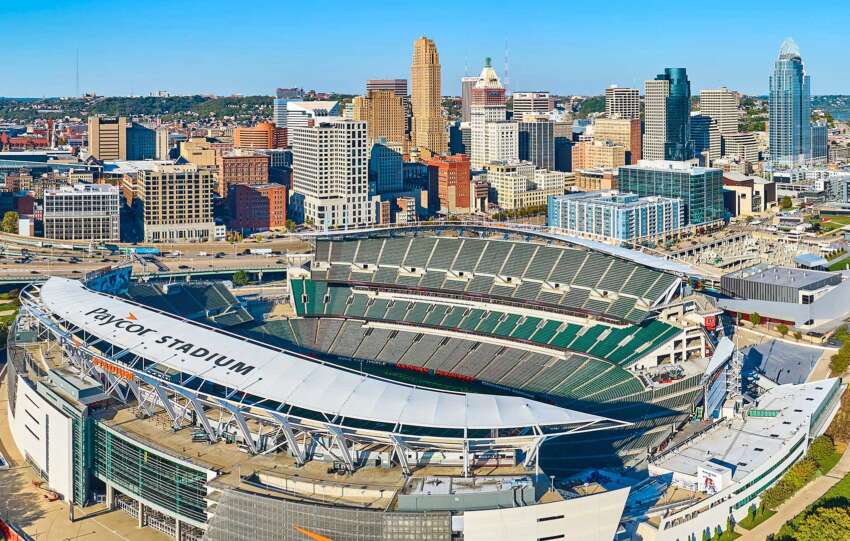 Trey Hendrickson and Shemar Stewart and Aerial view of Paycor Stadium and downtown Cincinnati, home of the Bengals defense in 2025