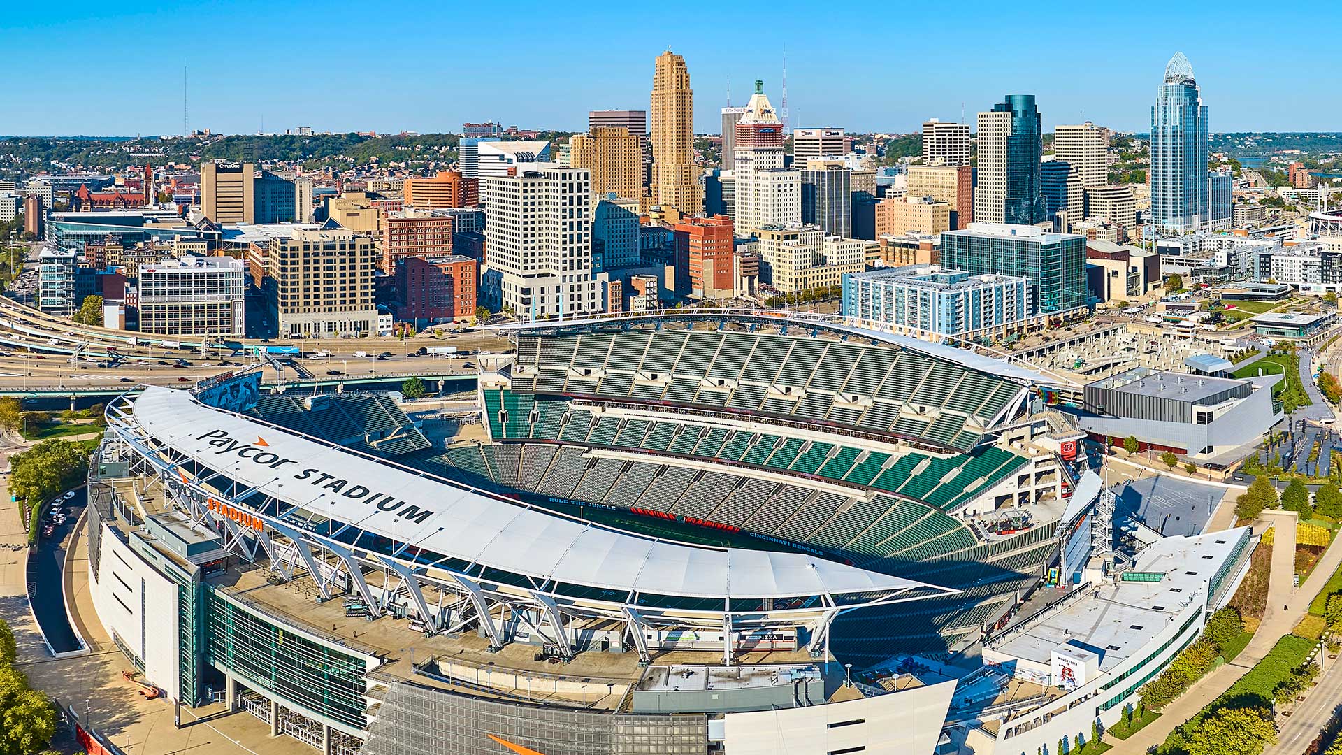 Trey Hendrickson and Shemar Stewart and Aerial view of Paycor Stadium and downtown Cincinnati, home of the Bengals defense in 2025