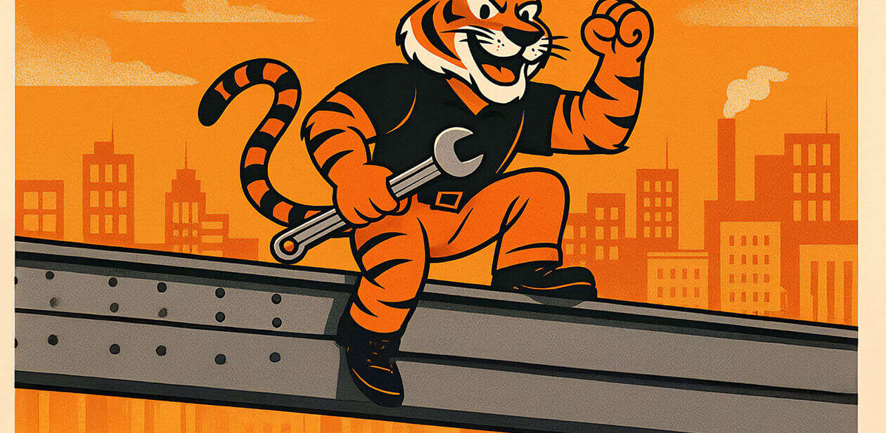 Cartoon illustration of a fierce Bengal tiger wearing a Cincinnati football uniform standing over a defeated Pittsburgh steelworker in a hardhat, symbolizing the Bengals’ 33–31 win over the Steelers on Thursday Night Football.