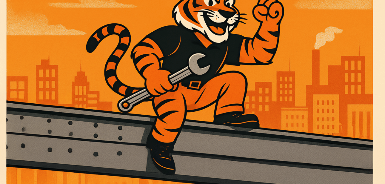 Cartoon illustration of a fierce Bengal tiger wearing a Cincinnati football uniform standing over a defeated Pittsburgh steelworker in a hardhat, symbolizing the Bengals’ 33–31 win over the Steelers on Thursday Night Football.