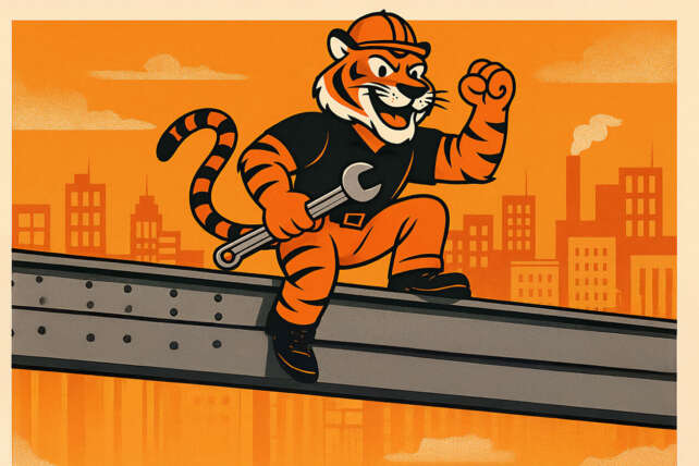 Cartoon illustration of a fierce Bengal tiger wearing a Cincinnati football uniform standing over a defeated Pittsburgh steelworker in a hardhat, symbolizing the Bengals’ 33–31 win over the Steelers on Thursday Night Football.
