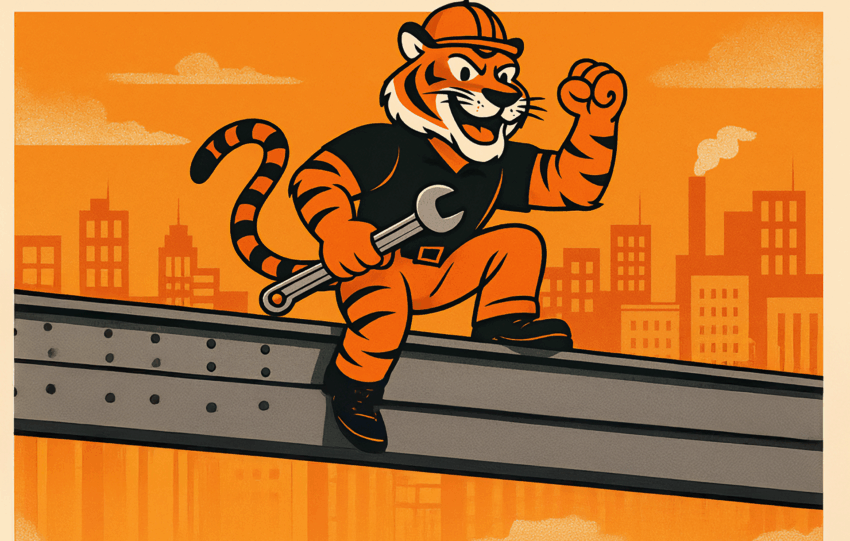 Cartoon illustration of a fierce Bengal tiger wearing a Cincinnati football uniform standing over a defeated Pittsburgh steelworker in a hardhat, symbolizing the Bengals’ 33–31 win over the Steelers on Thursday Night Football.