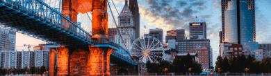 Downtown Cincinnati skyline and the Ohio River, representing the city where Cory Bowman and Aftab Pureval faced off in the 2025 mayoral debate.