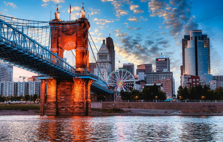 Downtown Cincinnati skyline and the Ohio River, representing the city where Cory Bowman and Aftab Pureval faced off in the 2025 mayoral debate.