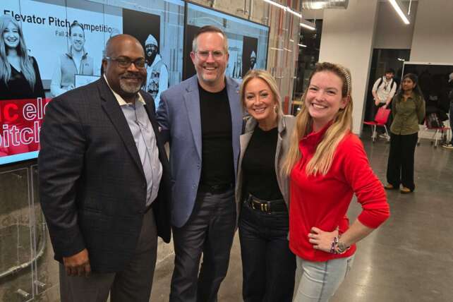 Judges Adam Koehler, Ashley Anderson, and Byron Stallworth at the 2025 UC Elevator Pitch Competition