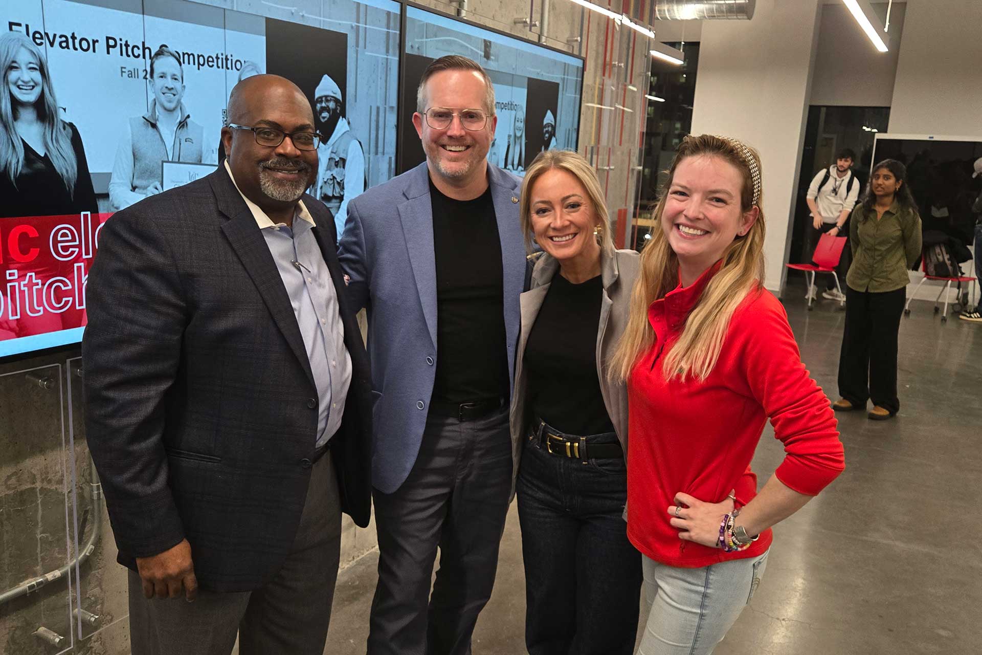 Judges Adam Koehler, Ashley Anderson, and Byron Stallworth at the 2025 UC Elevator Pitch Competition