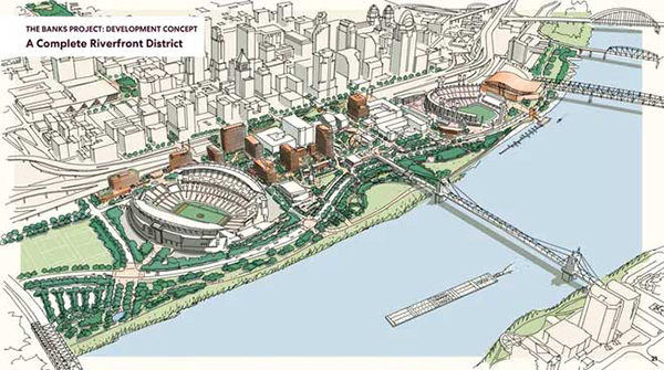 A conceptual rendering of the full Banks riverfront redevelopment, showing new mixed-use buildings, stadiums, parks, and pedestrian connections along the Ohio River.