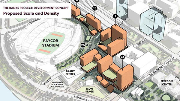 A 3D massing rendering showing the proposed height and density of new towers and mixed-use buildings planned along Paycor Stadium and the riverfront.