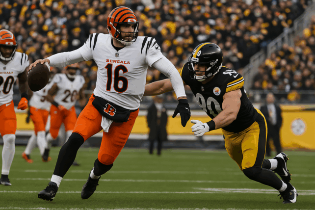Cincinnati Bengals quarterback Joe Flacco scrambles left as a Pittsburgh Steelers defender dives and misses during an NFL game at Acrisure Stadium.
