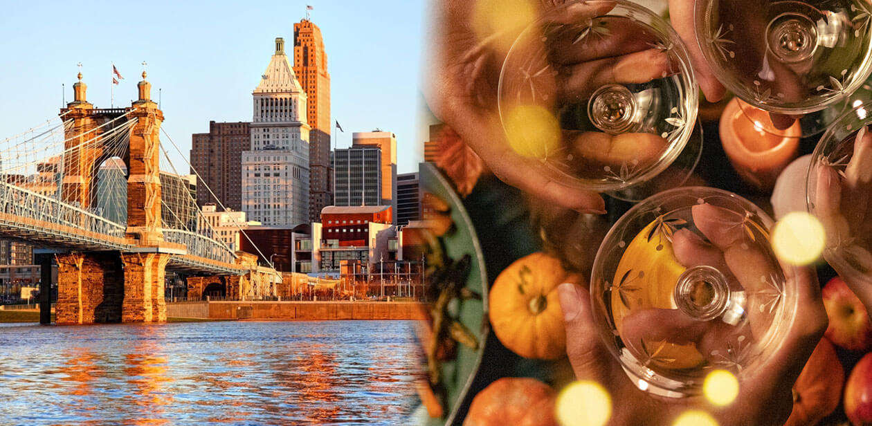 Split image showing the Cincinnati skyline with the Roebling Bridge alongside a festive Thanksgiving dinner table setting.