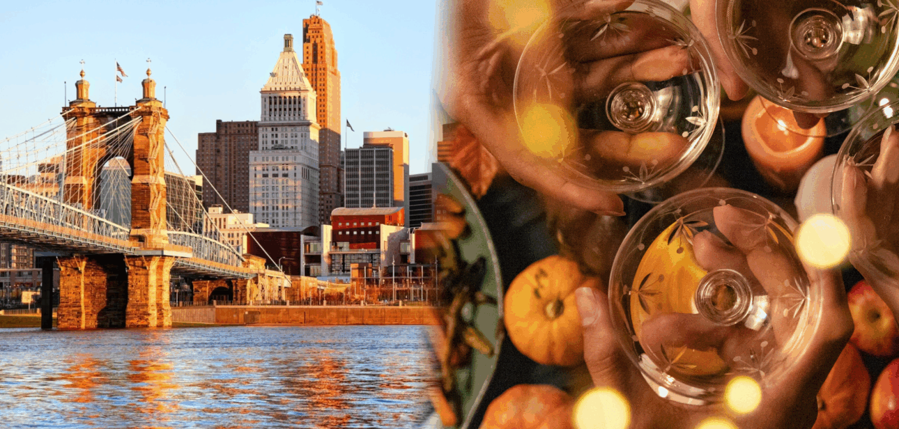 Split image showing the Cincinnati skyline with the Roebling Bridge alongside a festive Thanksgiving dinner table setting.