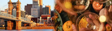 Split image showing the Cincinnati skyline with the Roebling Bridge alongside a festive Thanksgiving dinner table setting.