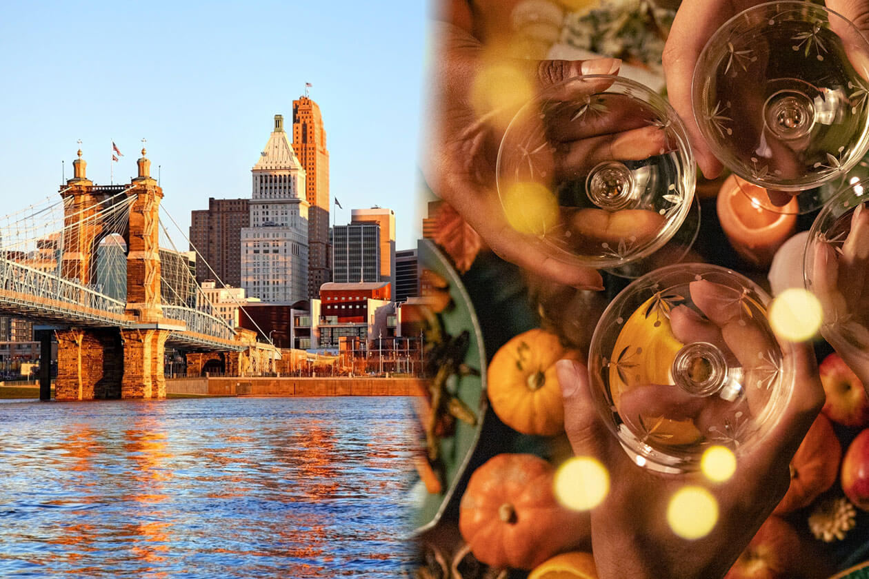 Split image showing the Cincinnati skyline with the Roebling Bridge alongside a festive Thanksgiving dinner table setting.