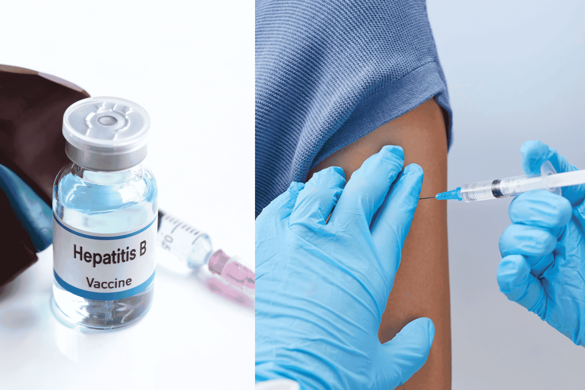 A healthcare worker administering a Hepatitis B vaccine to a patient, with a vaccine vial visible.