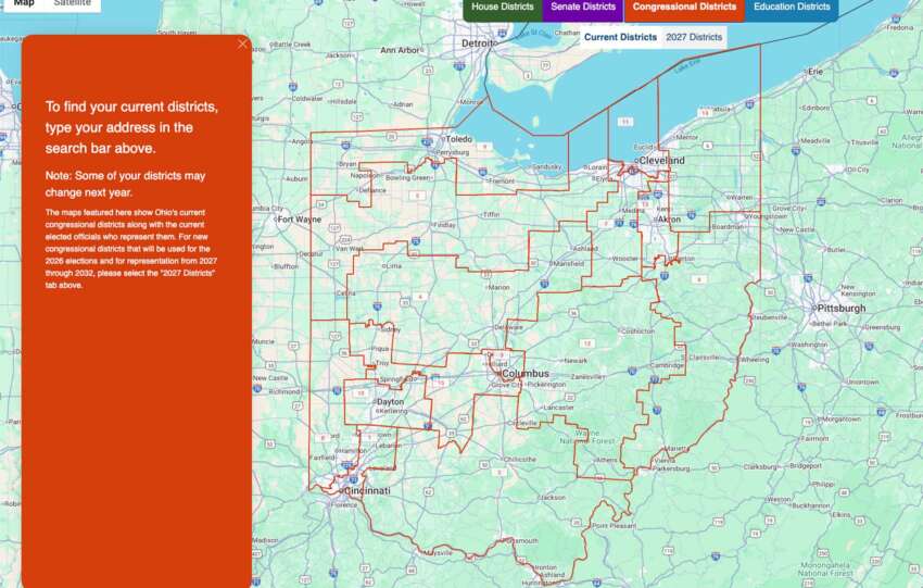 Interactive Ohio district lookup map displayed on a computer screen, showing new congressional and statehouse boundaries.