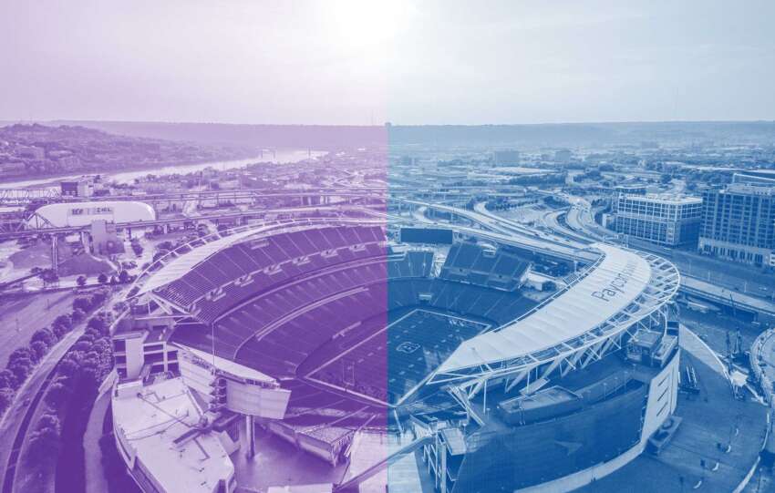 Aerial view of Paycor Stadium before the St. Xavier vs Elder Region 4 championship game in Cincinnati.