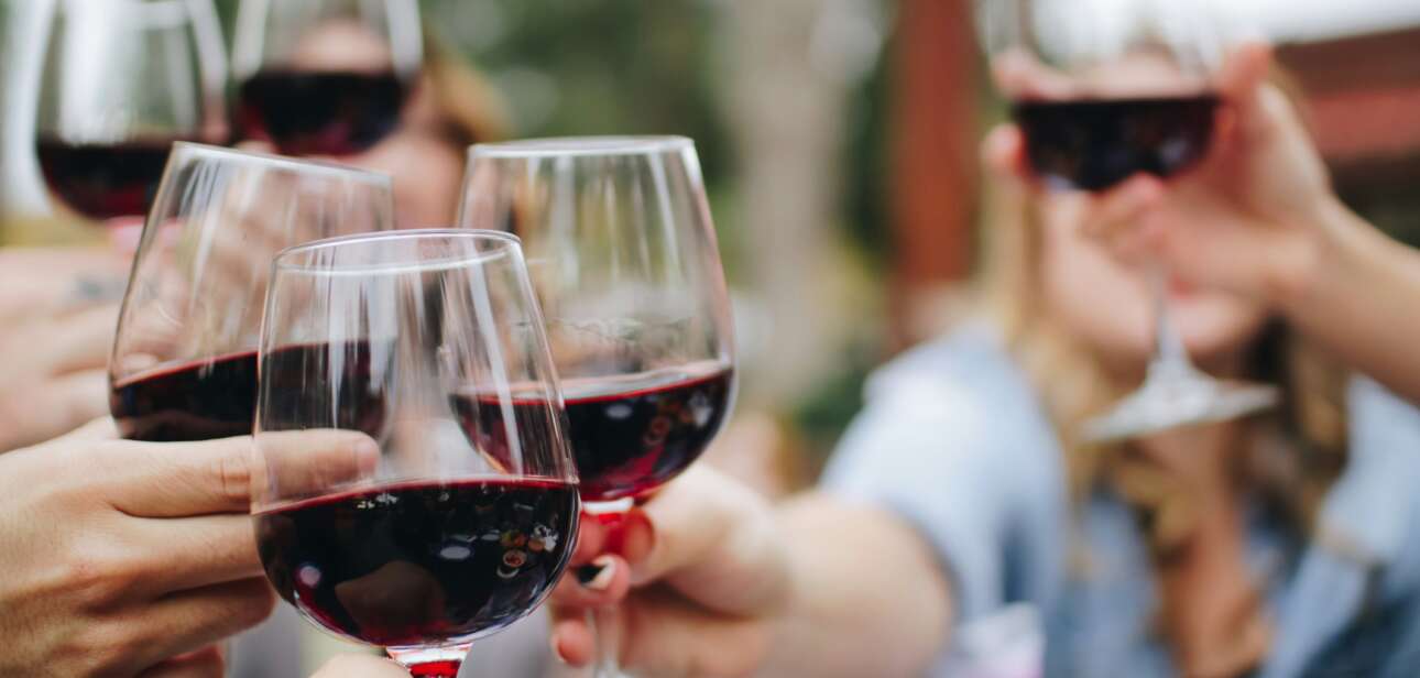 Friends raising glasses at the tasting bar at NiceWonder Winery in Virginia