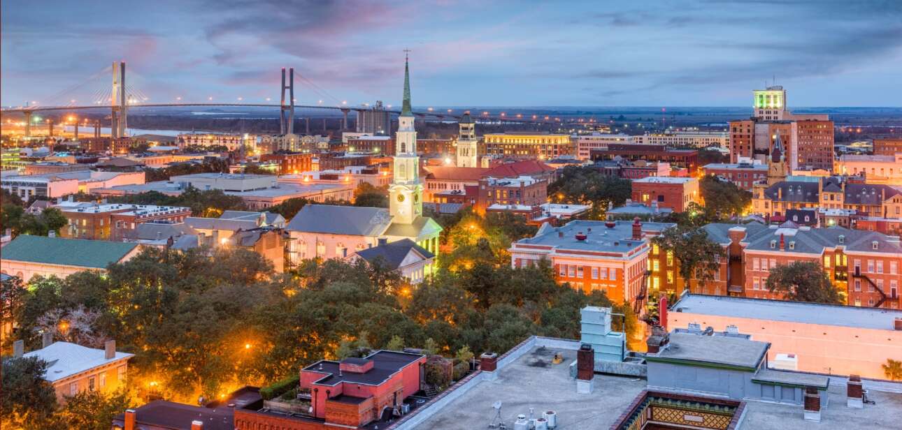 Savannah historic district in winter with oak-lined squares, Spanish moss, and quiet streets under soft January light