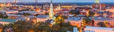 Savannah historic district in winter with oak-lined squares, Spanish moss, and quiet streets under soft January light