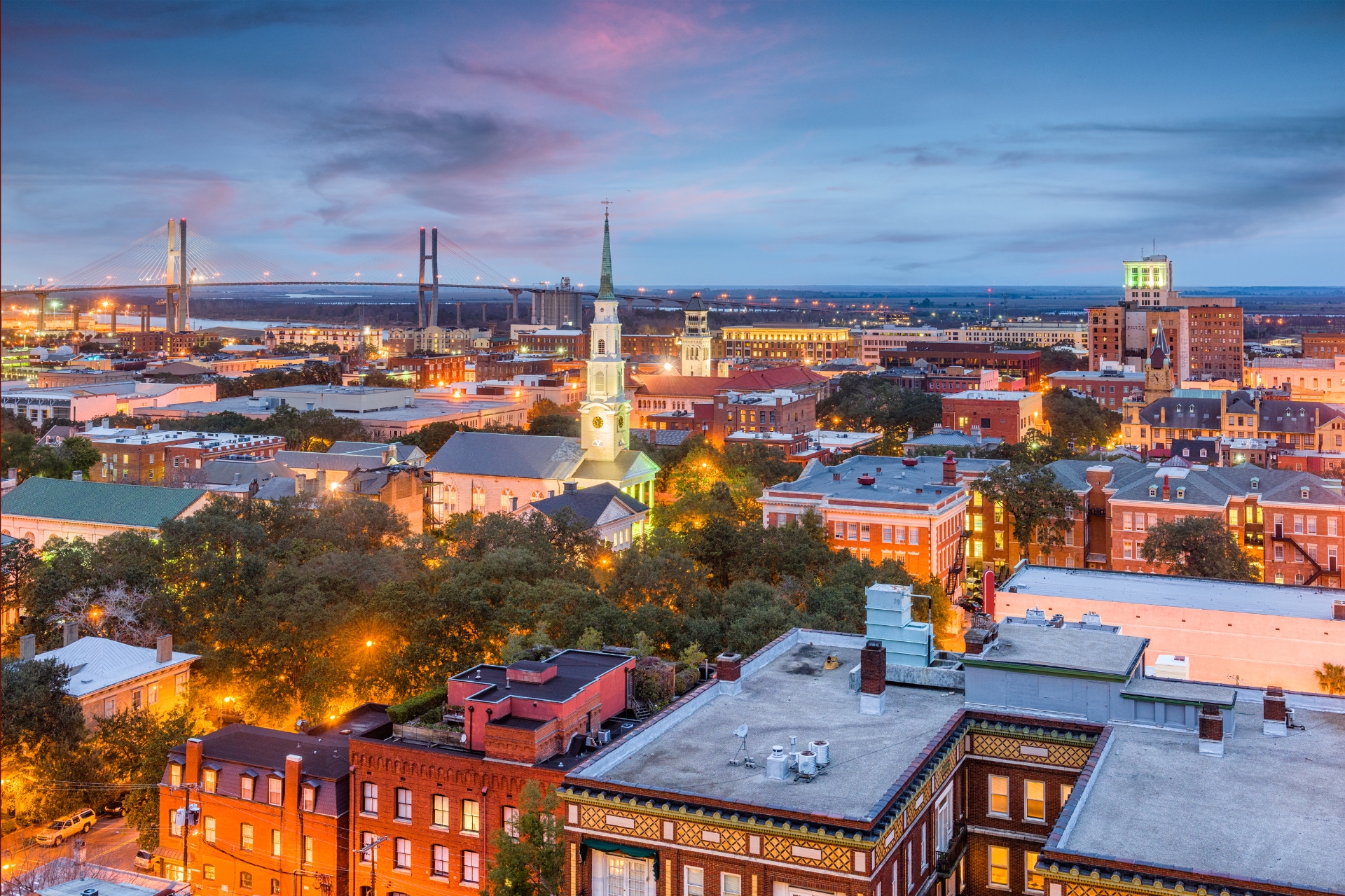 Savannah historic district in winter with oak-lined squares, Spanish moss, and quiet streets under soft January light