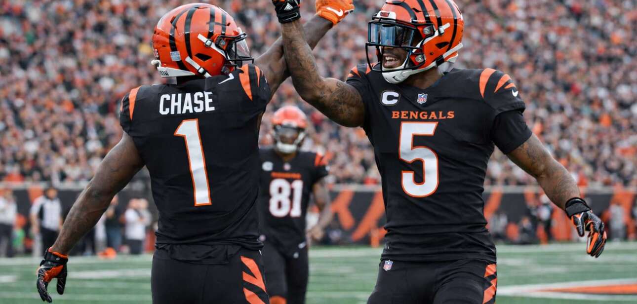 Joe Burrow celebrates with Tee Higgins after a touchdown as the Cincinnati Bengals defeat the Arizona Cardinals in Week 17