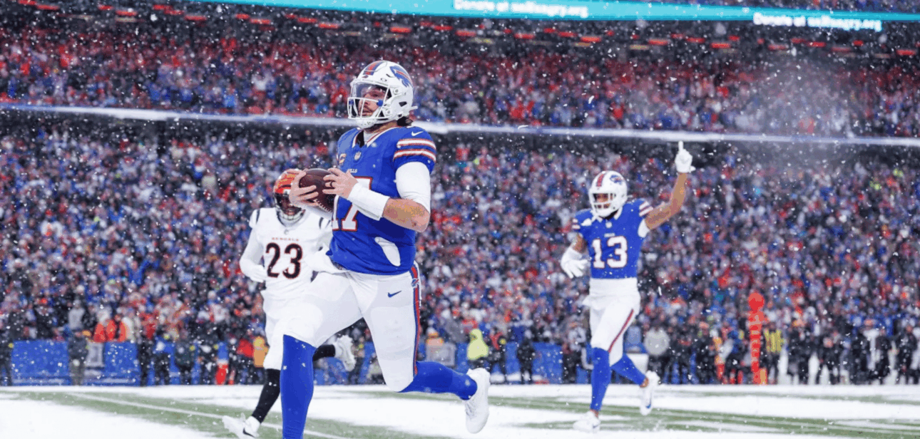 Josh Allen #17 of the Buffalo Bills runs the ball during the fourth quarter of the NFL 2025 game against the Cincinnati Bengals at Highmark Stadium on December 7, 2025 in Orchard Park, New York.