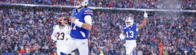 Josh Allen #17 of the Buffalo Bills runs the ball during the fourth quarter of the NFL 2025 game against the Cincinnati Bengals at Highmark Stadium on December 7, 2025 in Orchard Park, New York.