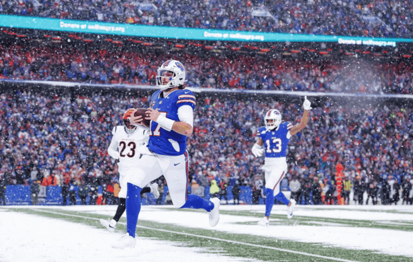 Josh Allen #17 of the Buffalo Bills runs the ball during the fourth quarter of the NFL 2025 game against the Cincinnati Bengals at Highmark Stadium on December 7, 2025 in Orchard Park, New York.