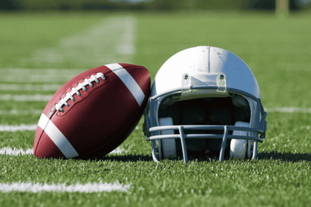 A close-up of an American football resting against a white football helmet on the grass of a football field.