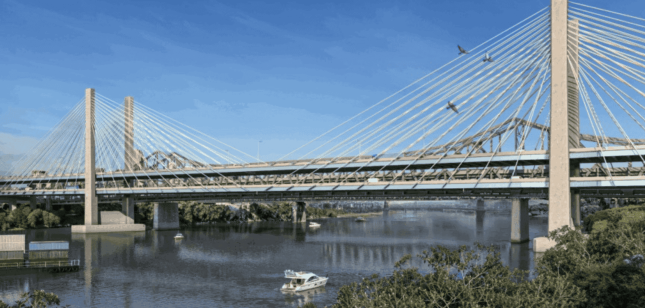 Artist rendering of the new Brent Spence Bridge Corridor project showing a modern cable-stayed bridge over the Ohio River.