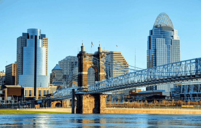 Cincinnati skyline featuring the John A. Roebling Suspension Bridge over the Ohio River.