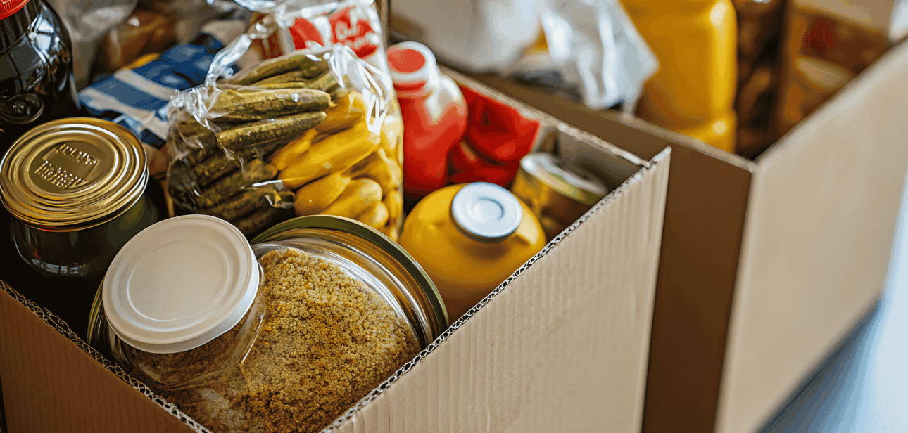A collection of cardboard boxes filled with non-perishable food items, including canned goods and jars, prepared for distribution by a hunger-relief organization in Cincinnati.