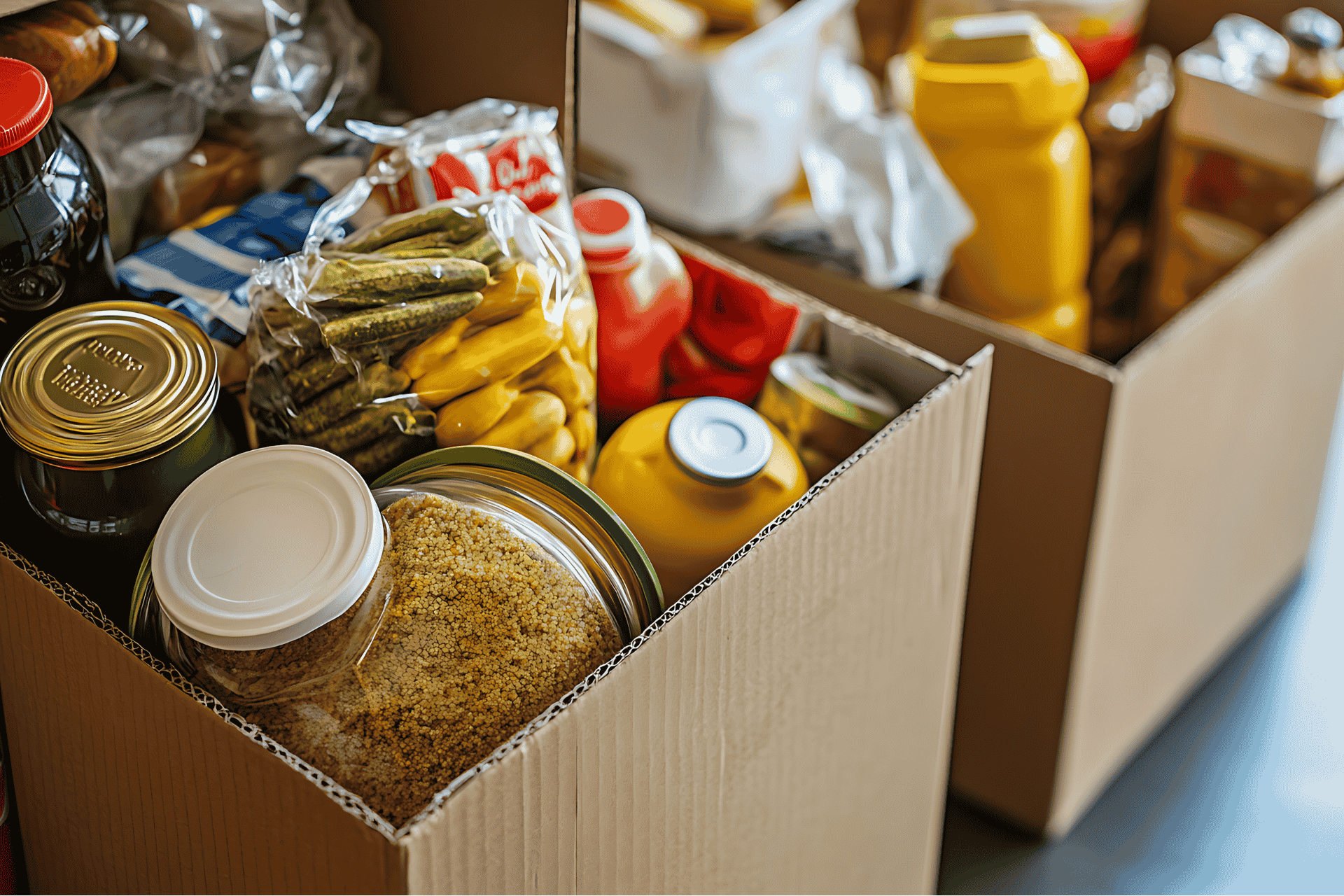 A collection of cardboard boxes filled with non-perishable food items, including canned goods and jars, prepared for distribution by a hunger-relief organization in Cincinnati.