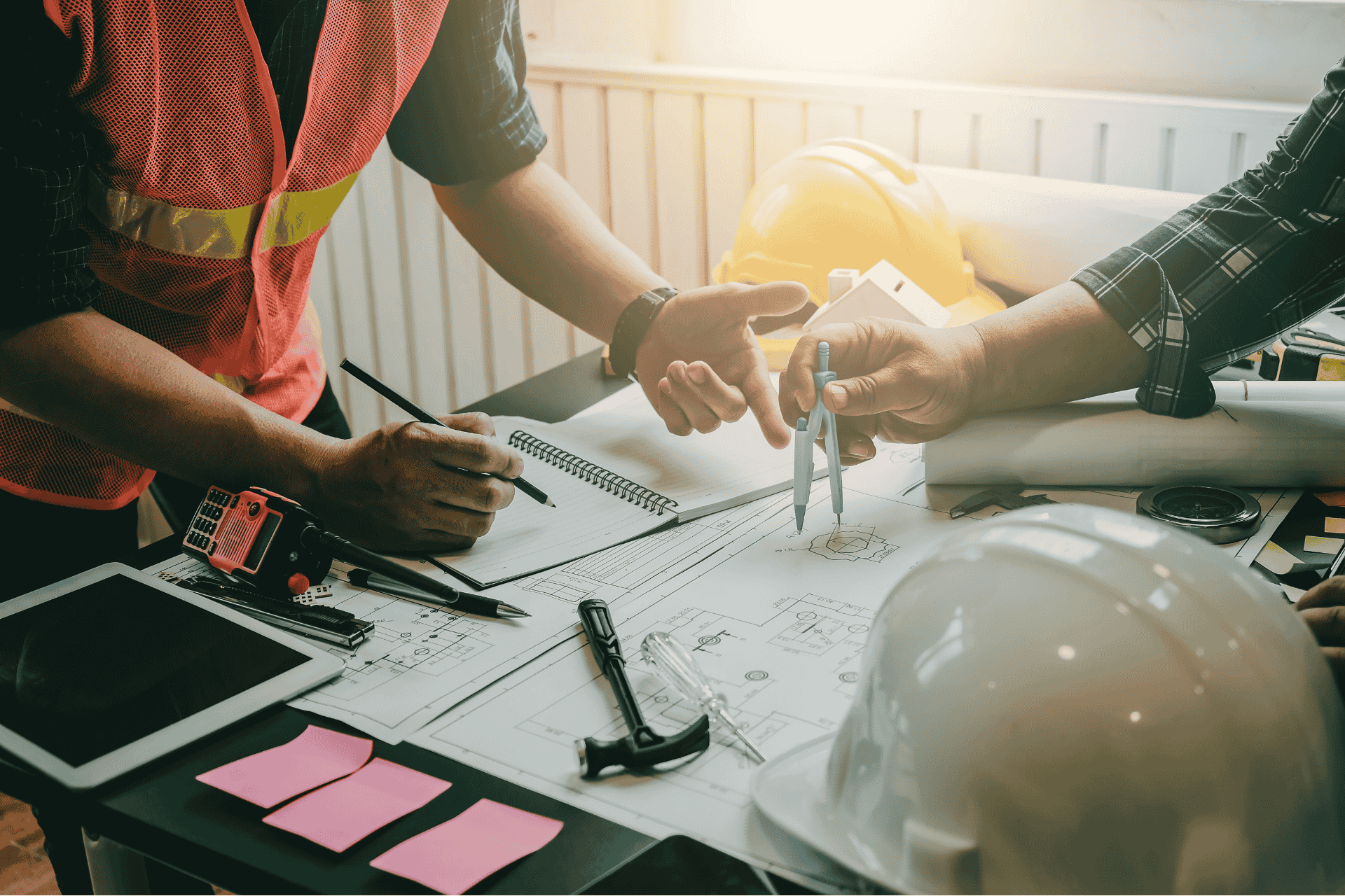 Construction workers in high-vis vests reviewing blueprints, illustrating the growth of Cincinnati job security in the 2025 construction sector.