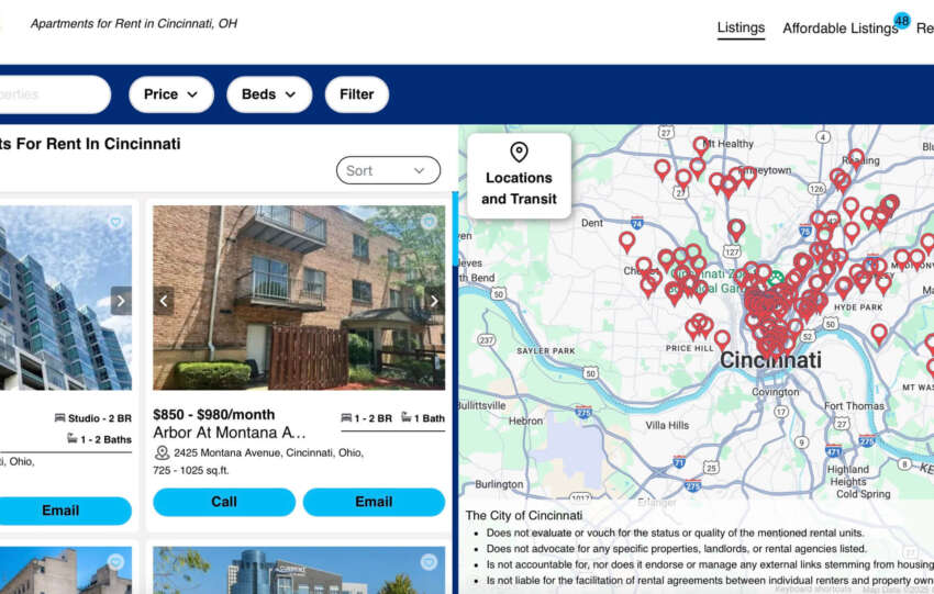 Screenshot of the new Cincinnati rental housing website interface, showing a searchable map with red location pins and a list of available apartment rentals.