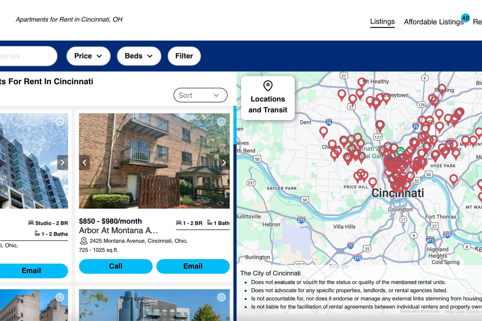 Screenshot of the new Cincinnati rental housing website interface, showing a searchable map with red location pins and a list of available apartment rentals.
