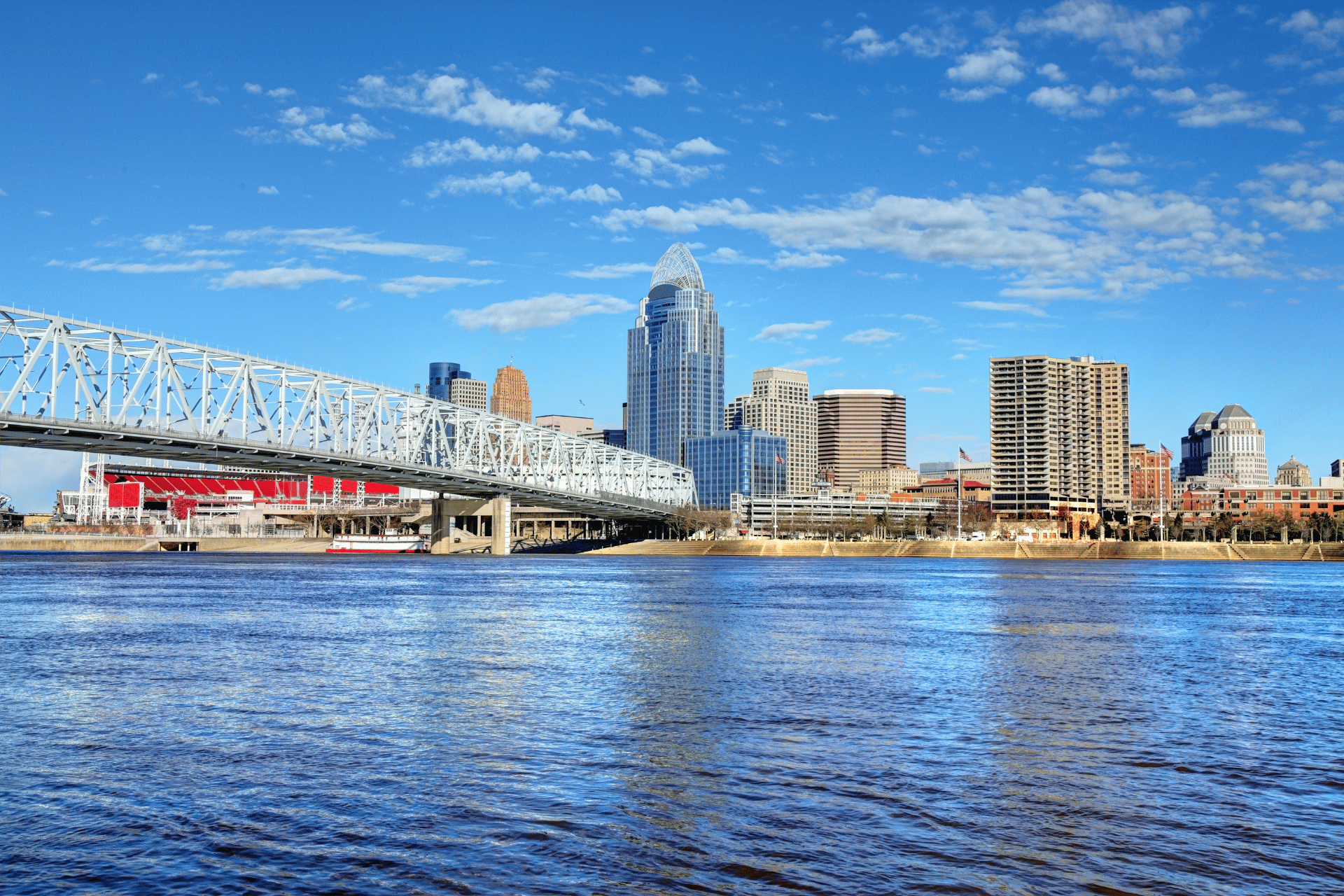 Cincinnati skyline and Ohio River waterfront with downtown skyscrapers and bridge during the day.