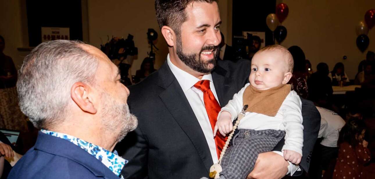 Cory Bowman speaking with supporters during the 2025 Cincinnati mayoral campaign.