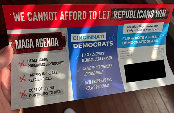 Political mailer warning voters to oppose Republicans and labeling local conservative candidates as part of a ‘MAGA agenda,’ contrasted with a list of Democratic achievements.