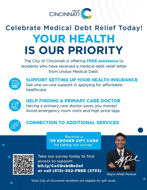 City of Cincinnati mailer announcing $1,000 in medical-debt forgiveness with Mayor Aftab Pureval’s photo and signature.