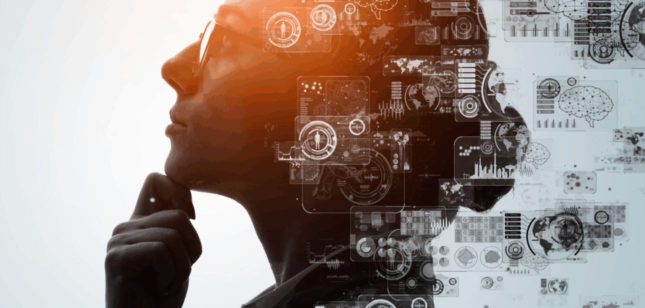Illustration of artificial intelligence technology integrated with a human profile, representing NKU’s new MBA concentrations in AI and supply chain analytics.