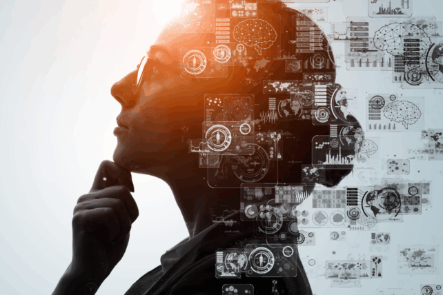 Illustration of artificial intelligence technology integrated with a human profile, representing NKU’s new MBA concentrations in AI and supply chain analytics.