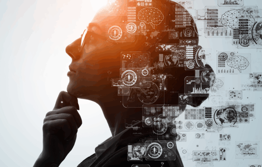 Illustration of artificial intelligence technology integrated with a human profile, representing NKU’s new MBA concentrations in AI and supply chain analytics.