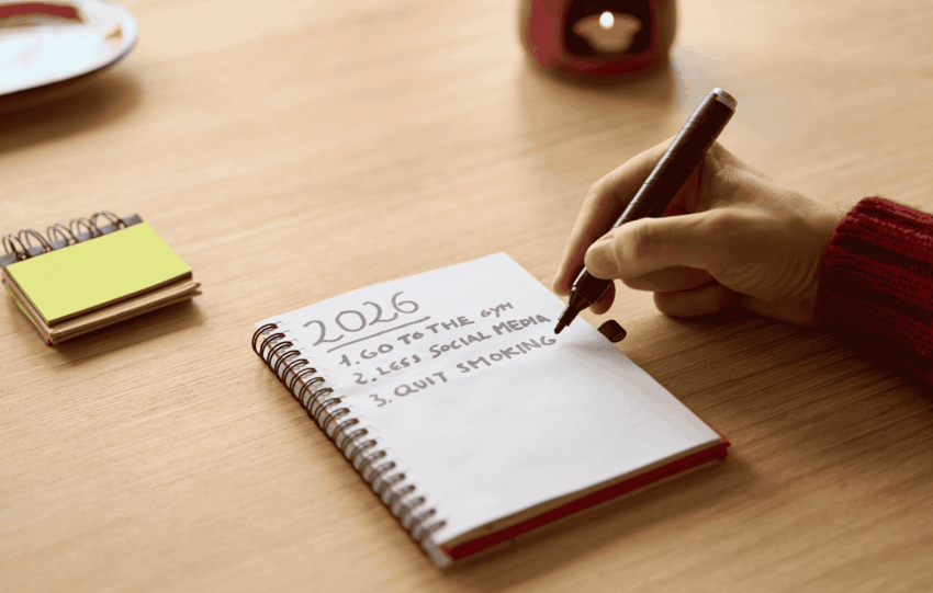 A person writing '2026' and a numbered list on a spiral notebook on a wooden desk, surrounded by sticky notes and a coffee cup, representing goal setting and resolutions.