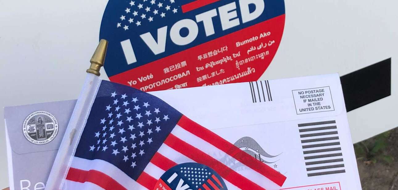 Ohio election integrity concept with absentee ballot, American flag, and “I Voted” sticker