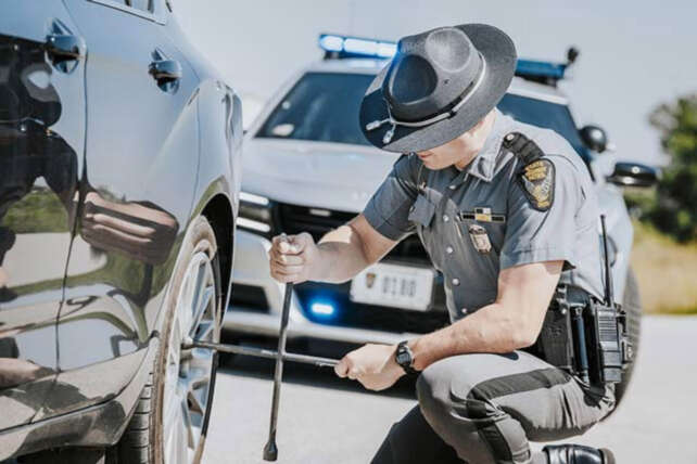 Ohio State Highway Patrol trooper checking a vehicle's tire during a roadside stop, to show their 2025 holiday enforcement blitz.