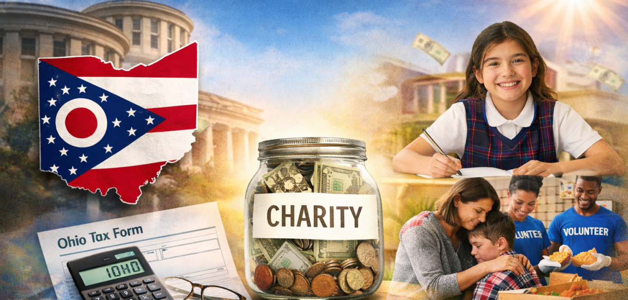 Ohio tax credit donation concept showing tax forms, calculator, and education-related imagery