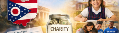 Ohio tax credit donation concept showing tax forms, calculator, and education-related imagery