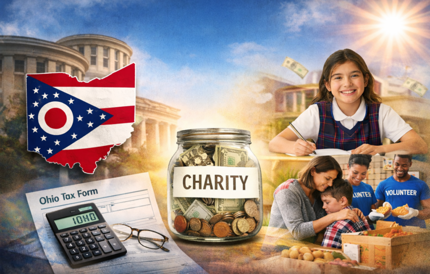 Ohio tax credit donation concept showing tax forms, calculator, and education-related imagery